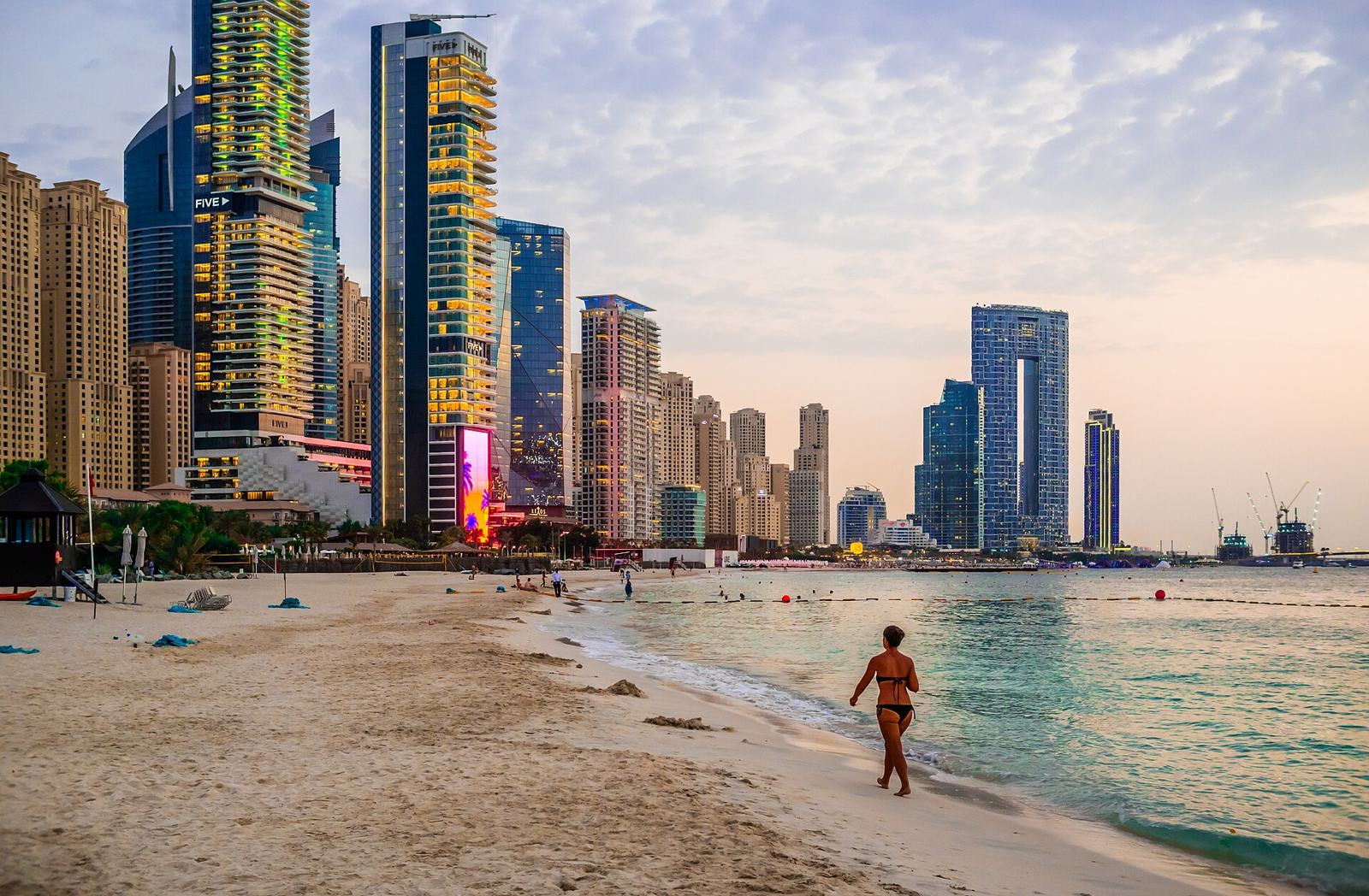 JBR beach and Dubai Marina towers at sunset