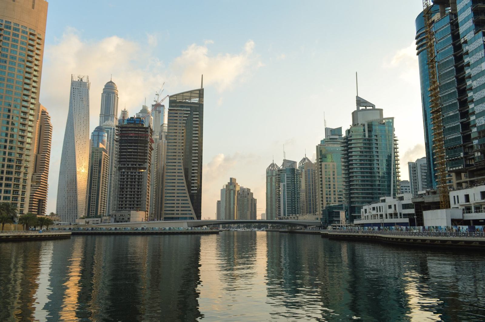 Dubai Marina canal at golden hour
