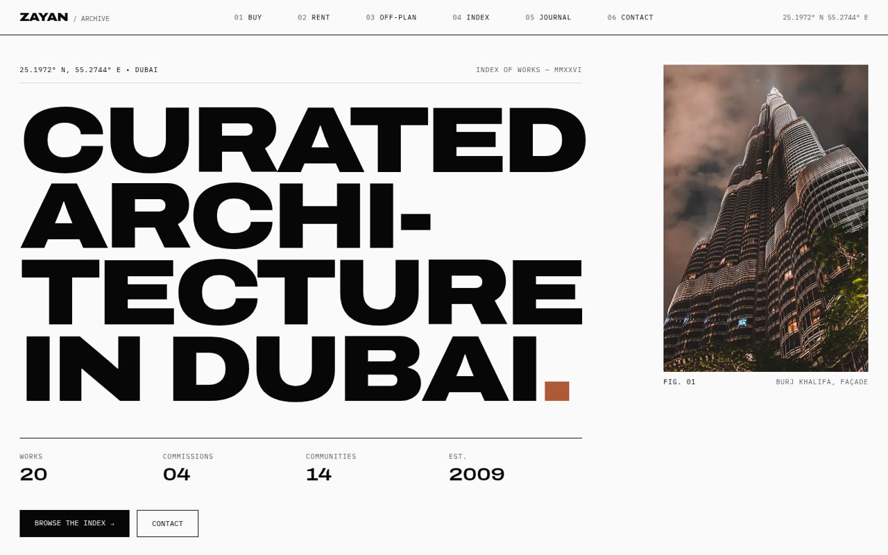 Architectural Minimalist homepage, desktop